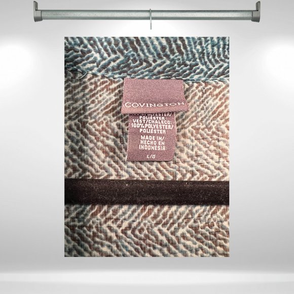 Covington Sheer Button Front Tie Neck Black & Dark Green Long Sleeve Blouse - Picture 5 of 5